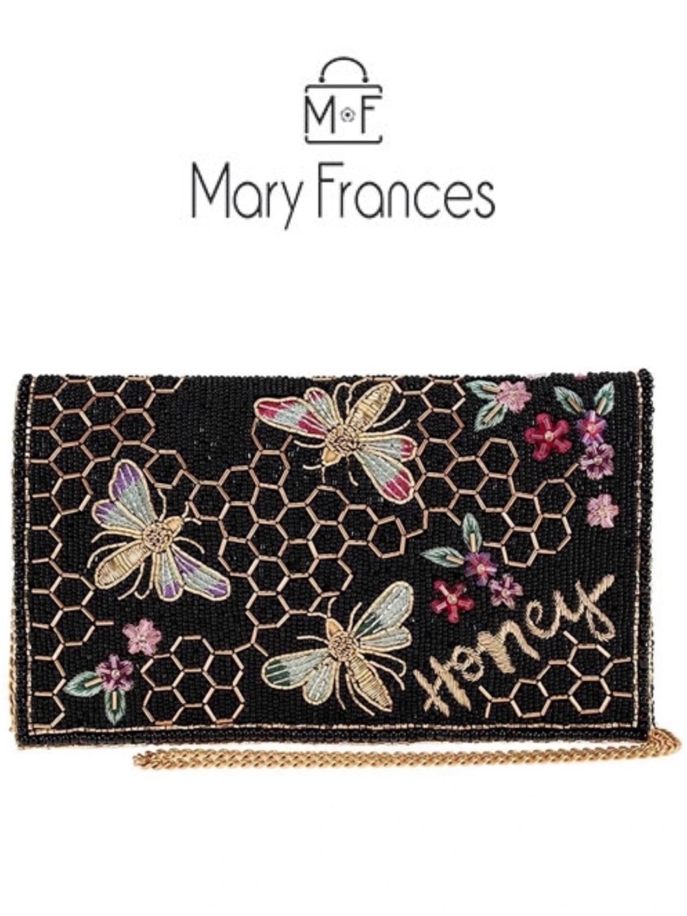 Mary Frances Black Bee-Embellished Beaded Crossbody Clutch